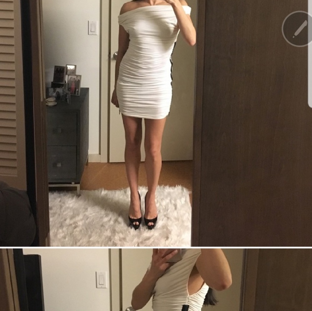 Bebe off the shoulder dress in ivory